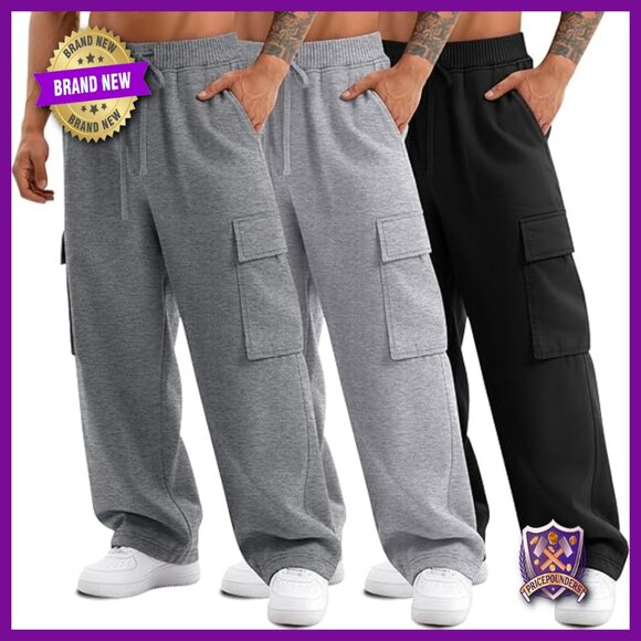 3 Pack Big Tall Men's Cargo Sweatpants Drawstring Waist Pockets